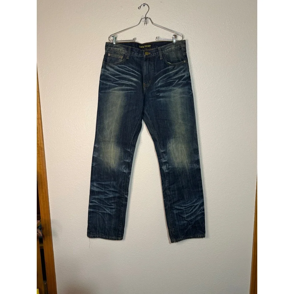 Daijia Jeans Co Mens 34 Dark Wash Whiskered Straight Leg Plaid Lined Denim Pants